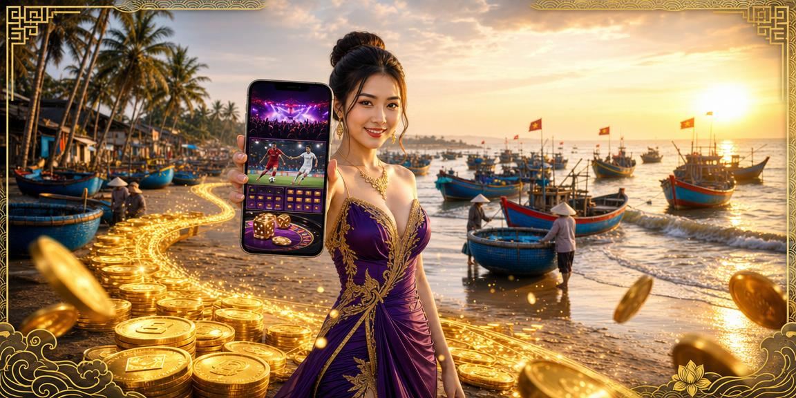 Người chơi ngồi trên bãi biển Mũi Né dùng điện thoại truy cập hz888 và kiểm tra voucher khuyến mãi